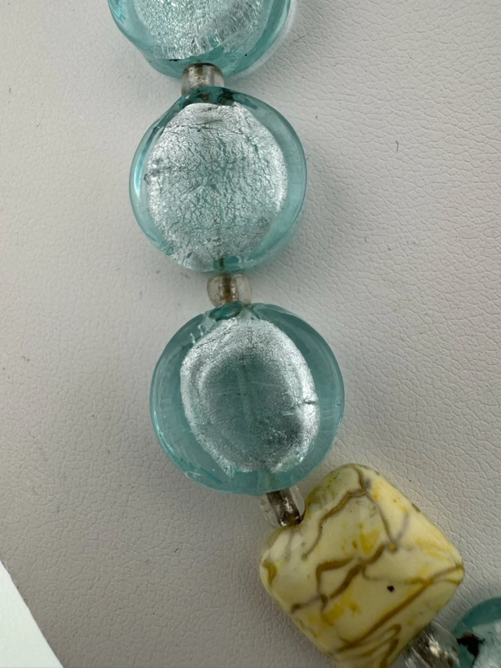 Aqua Glass & Cream Marbled Foil Glass Bead Necklace 8 inch drop